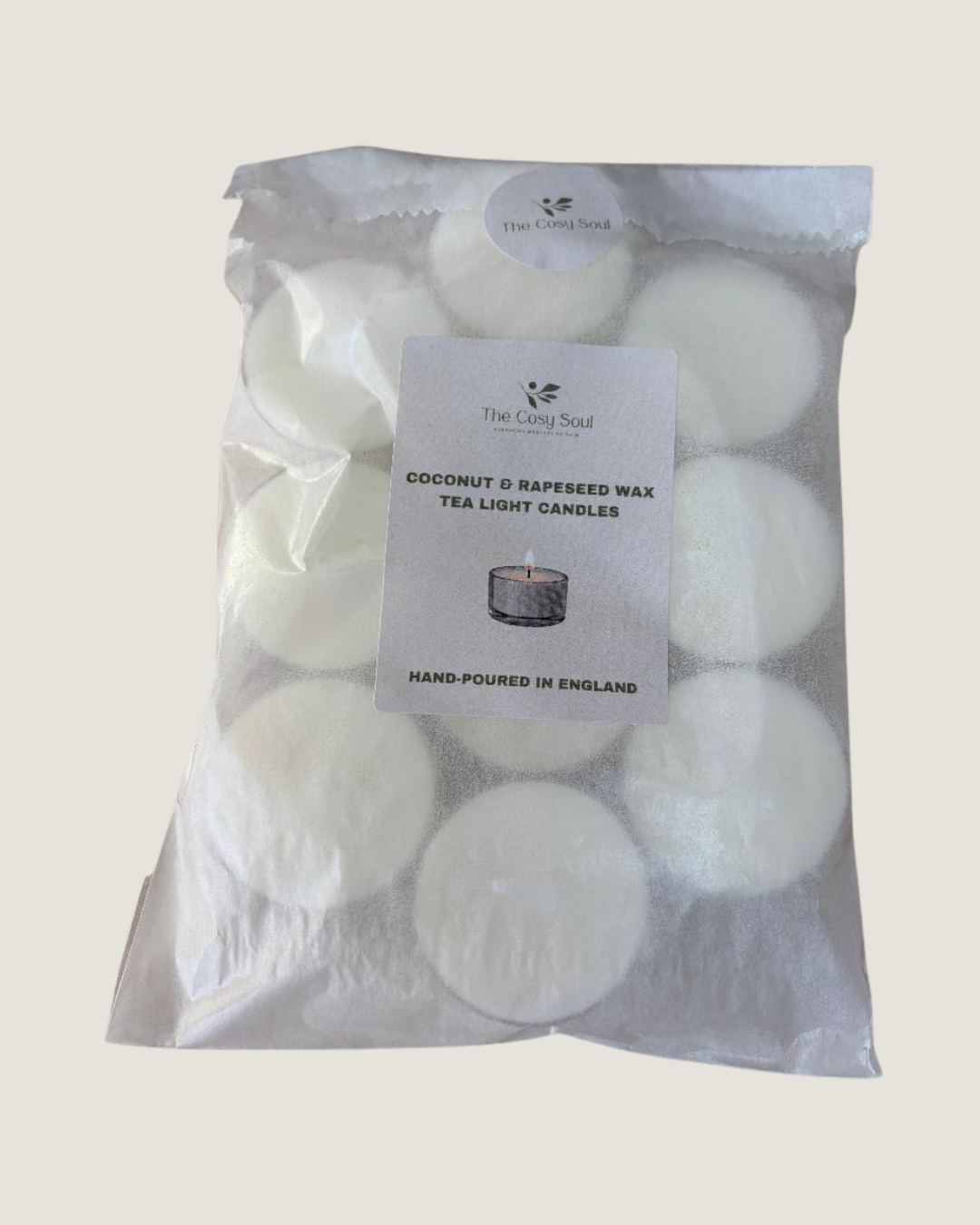 The Cosy Soul Coconut and Rapeseed Tealights in a glassine bag