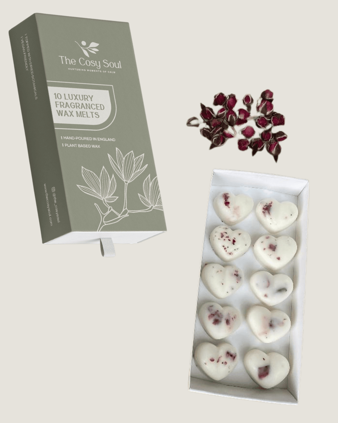 Box of Black Rhubarb and Plum heart-shaped wax melts with 'The Cosy Soul' packaging on a light background