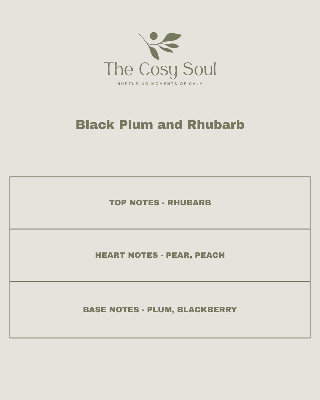 'Black Plum and Rhubarb' by 'The Cosy Soul' with fragrance notes listed.