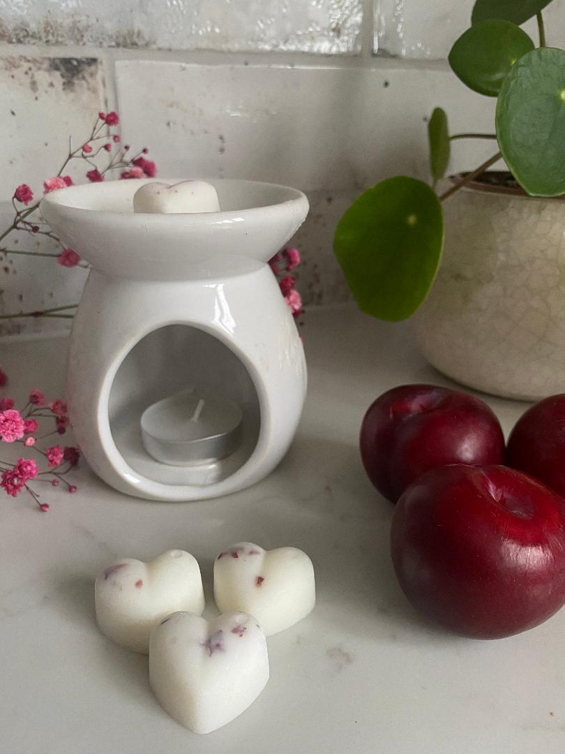 The Cosy Soul Black Plum and Rhubarb Wax Melts with plums and wax melt burner
