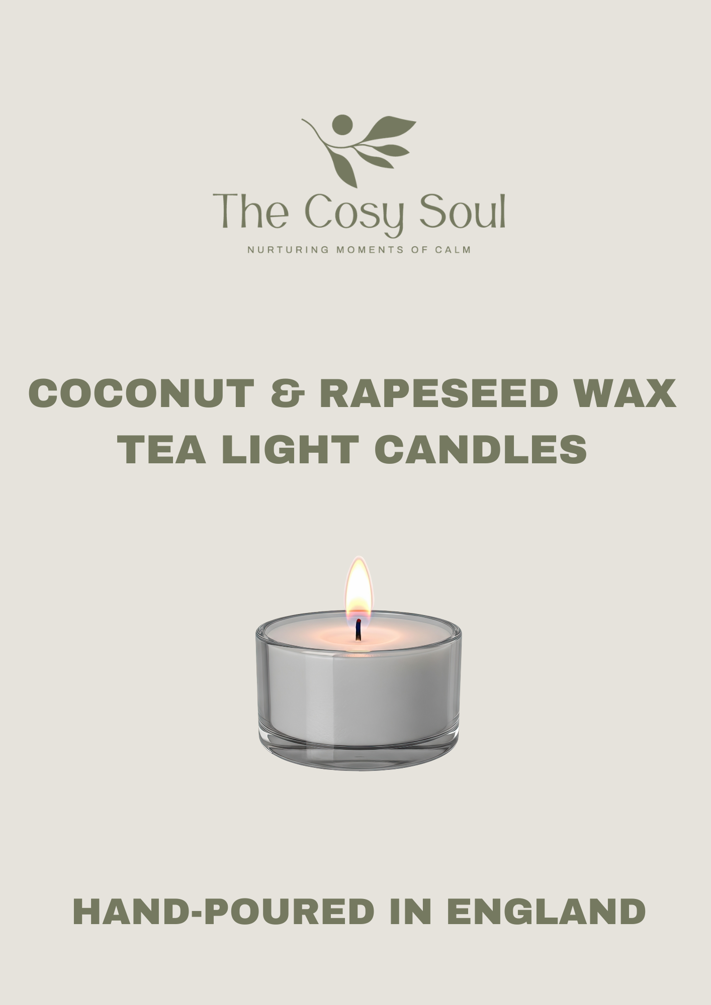 Tea light candle with 'The Cosy Soul' branding on a beige background