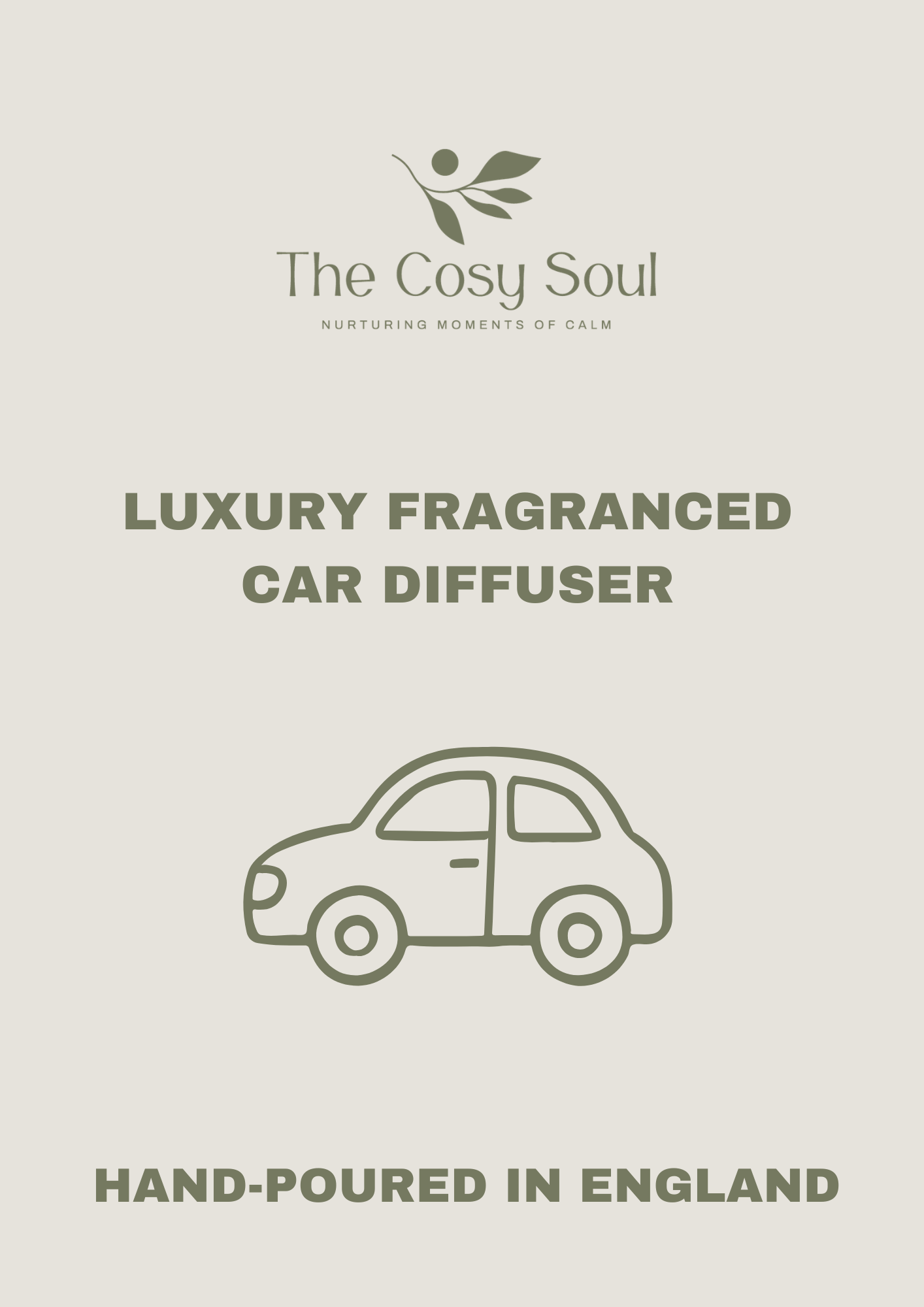 The Cosy Soul luxury fragranced car diffuser with text and car icon on a beige background.