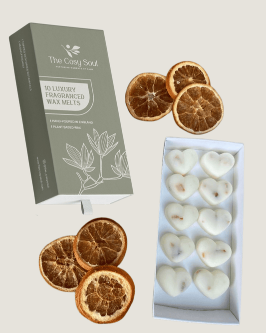 The Cosy Soul Cinnamon. Orange and Cranberry Wax Melts with dried orange.