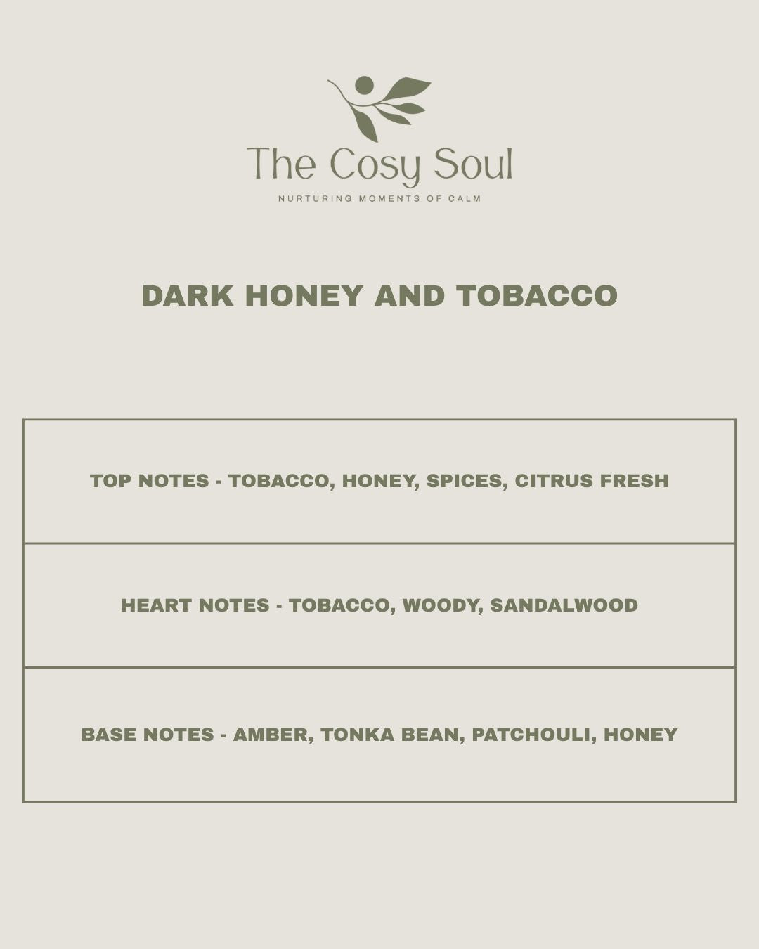 'Dark Honey and Tobacco' by 'The Cosy Soul' with fragrance notes listed.