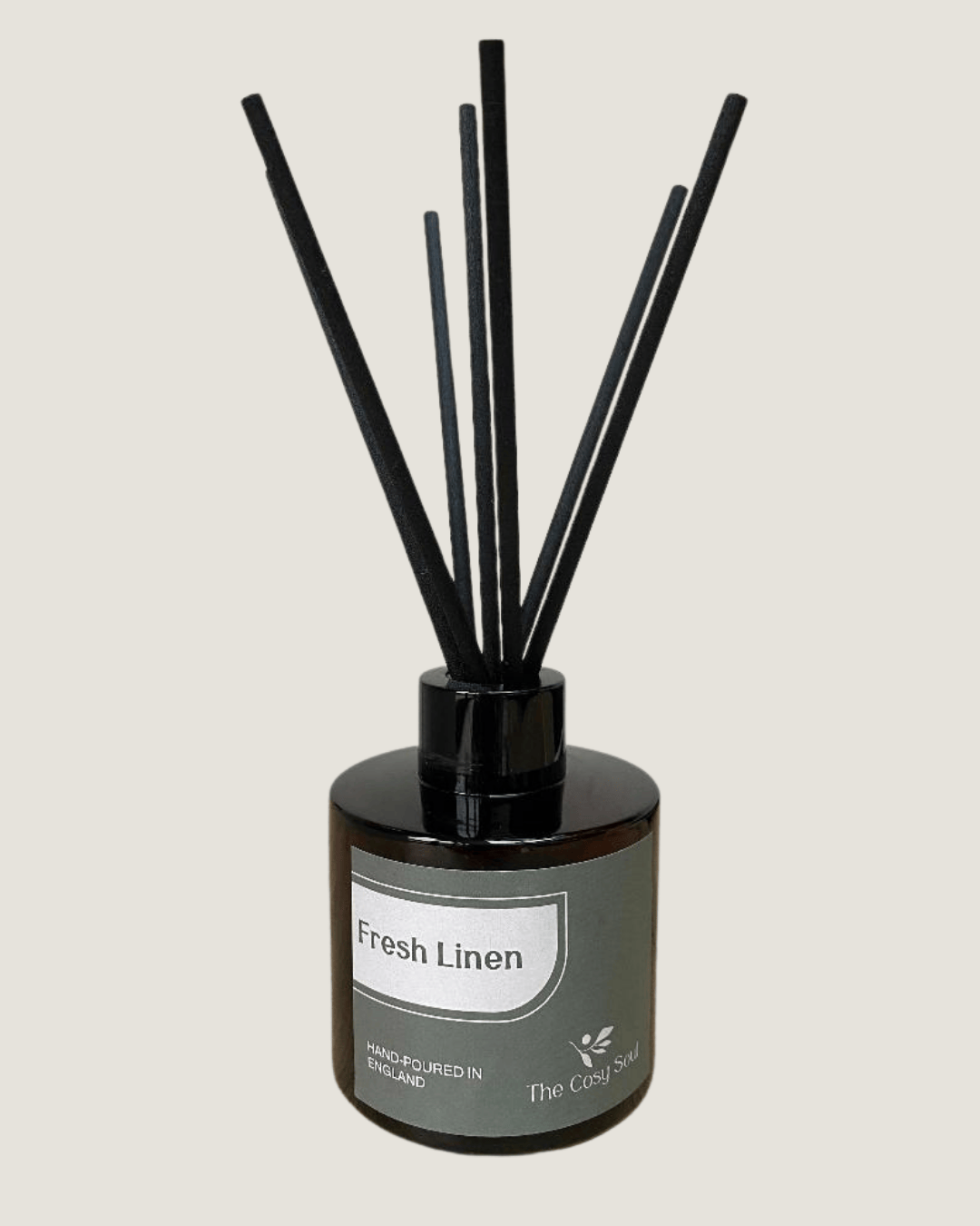 The Cosy Soul Reed Diffuser with black reeds scented as Fresh Linen