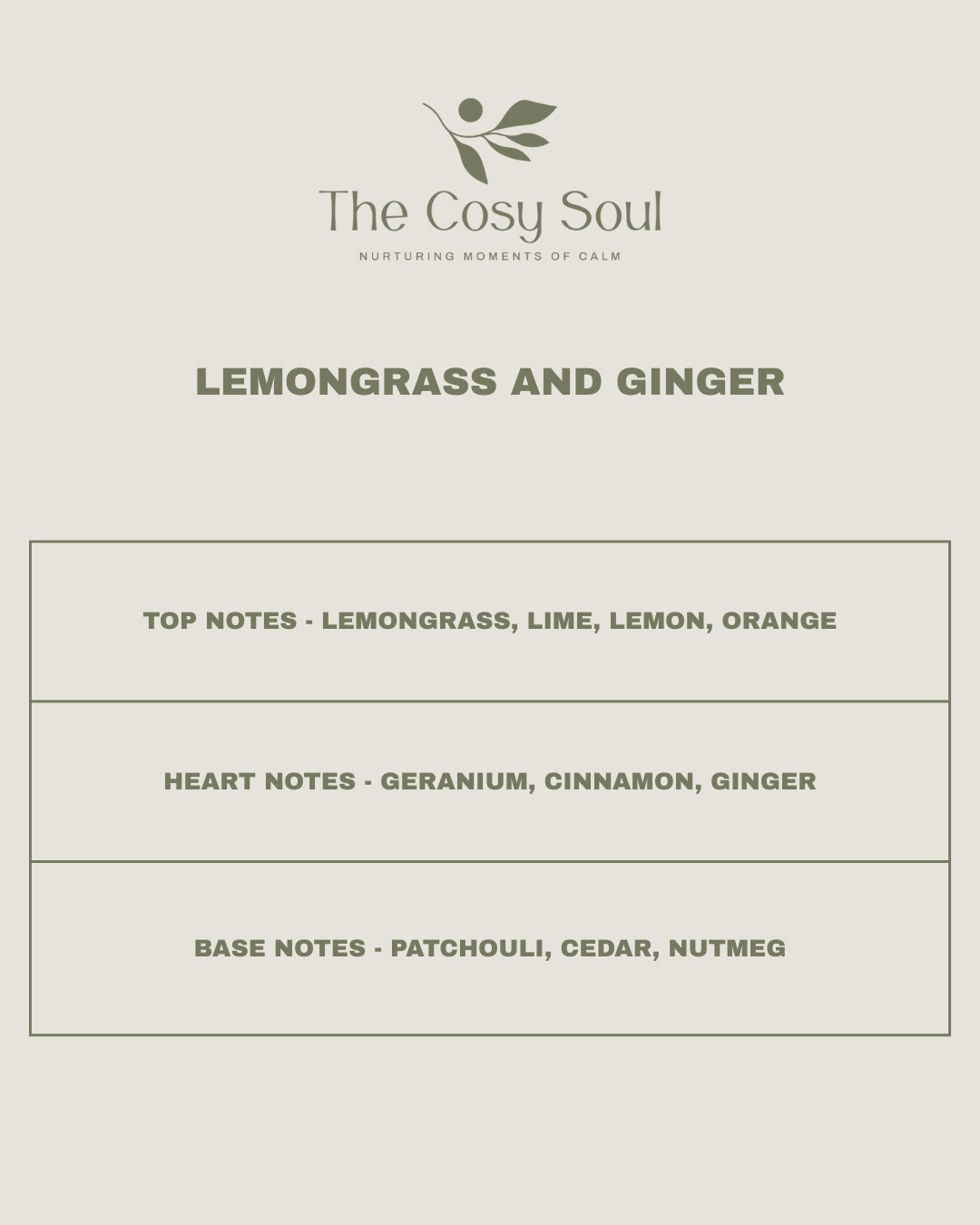'Lemongrass and Ginger' by 'The Cosy Soul' with fragrance notes listed.