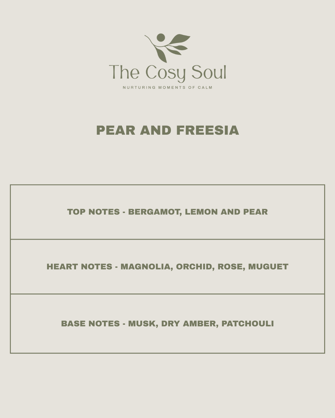 'Pear and Freesia' fragrance by 'The Cosy Soul' with fragrance notes.