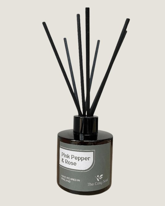 The Cosy Soul Pink Pepper & Rose Reed Diffuser with black reeds