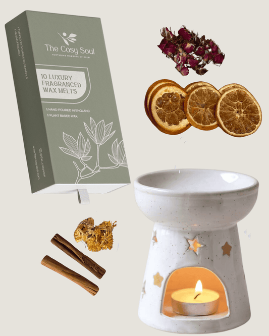 Starry Ceramic Burner with Cosy Soul wax melts with dried botanicals