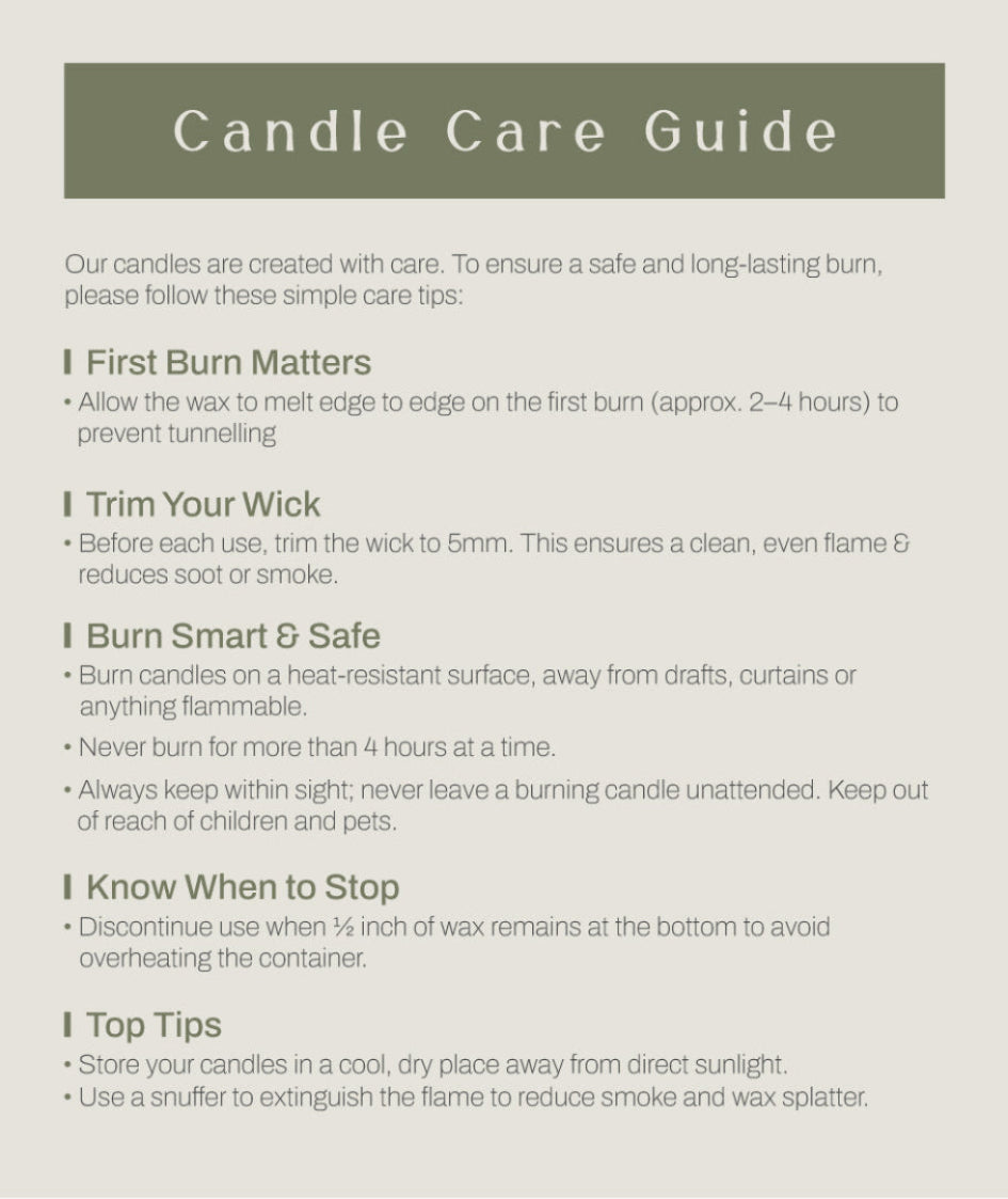 Candle care guide with tips on safe and long-lasting burn.