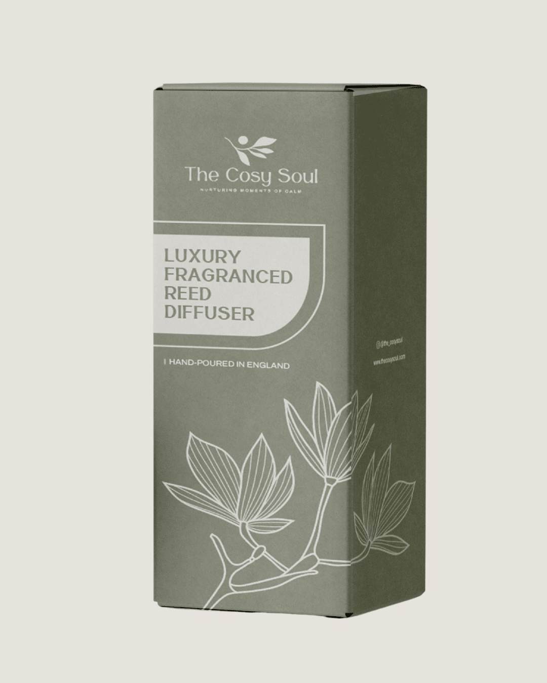 Cosy Soul luxury fragranced reed diffuser packaging on a light gray background