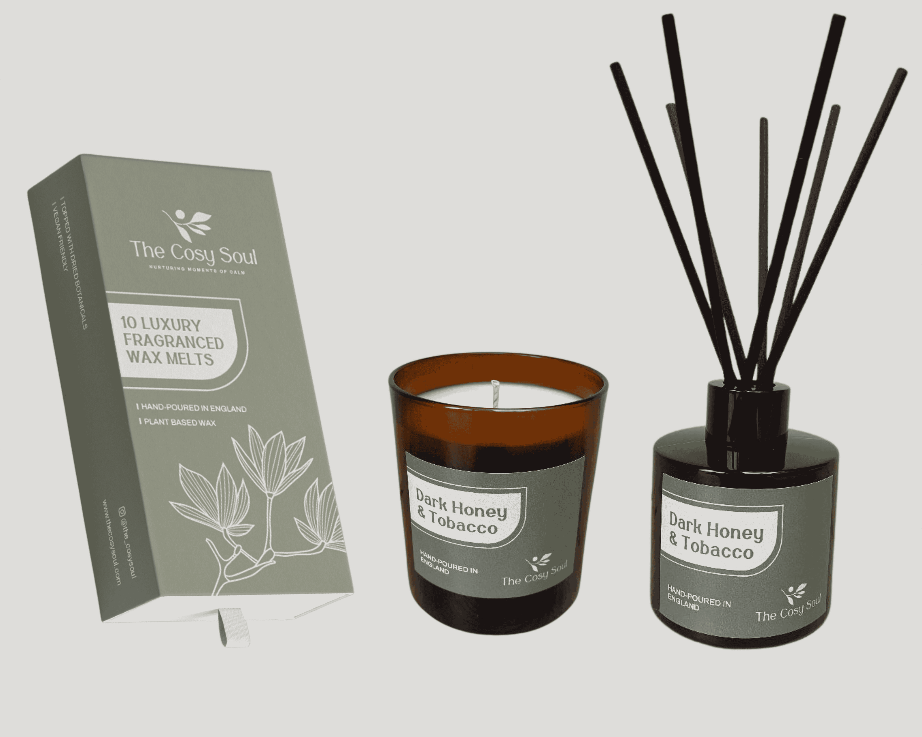 Candle, wax melt and diffuser set with packaging labelled 'Dark Honey & Tobacco' from 'The Cosy Soul'.