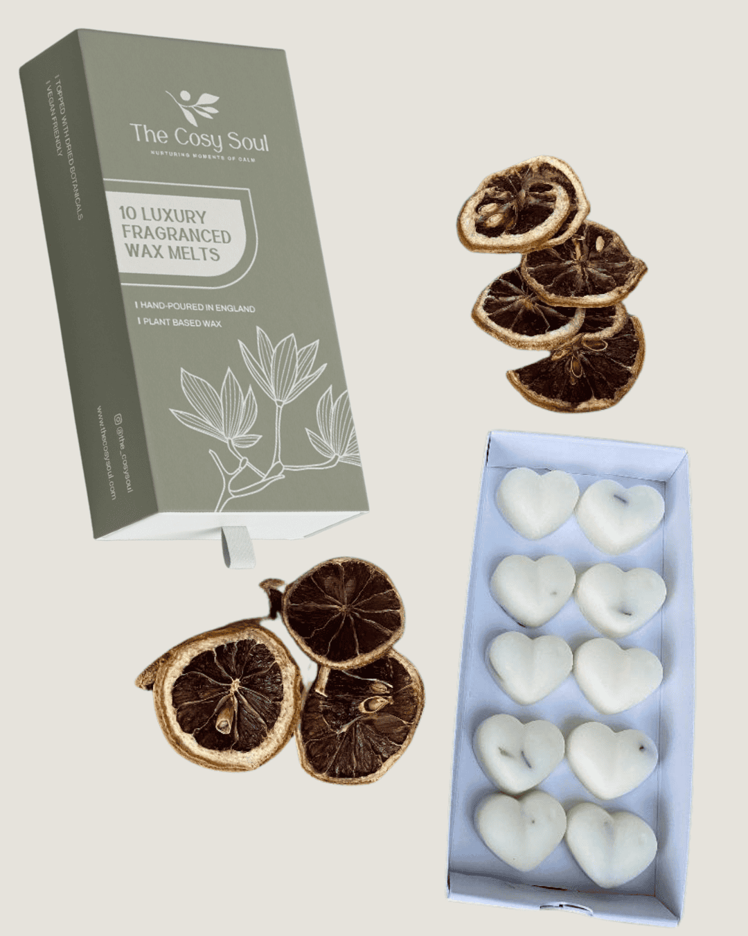 Box of 'The Cosy Soul' Lemongrass and Ginger luxury scented wax melts with dried lemon botanicals