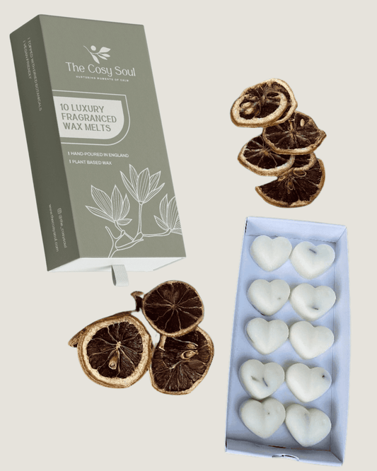 Box of 'The Cosy Soul' Lemongrass and Ginger luxury scented wax melts with dried lemon botanicals