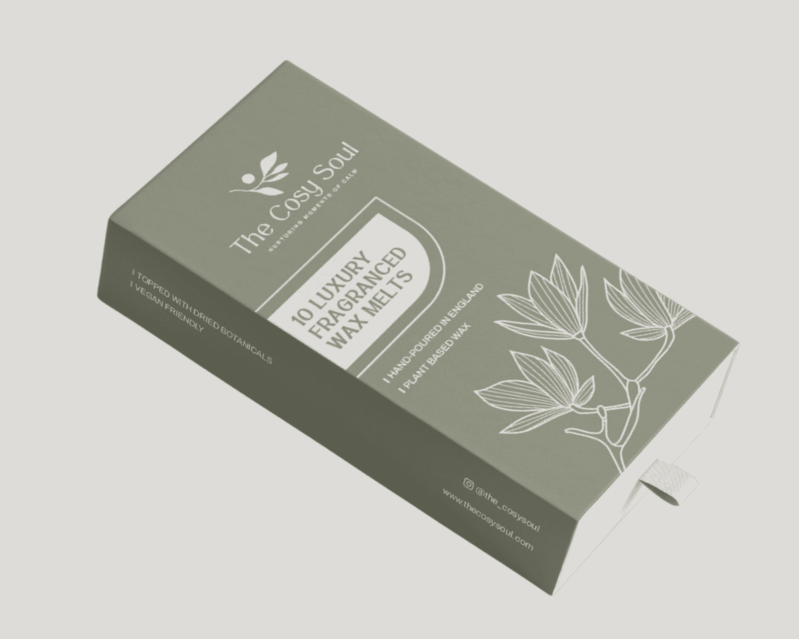 Box of luxury fragranced wax melts from the Cosy Soul on a light grey background