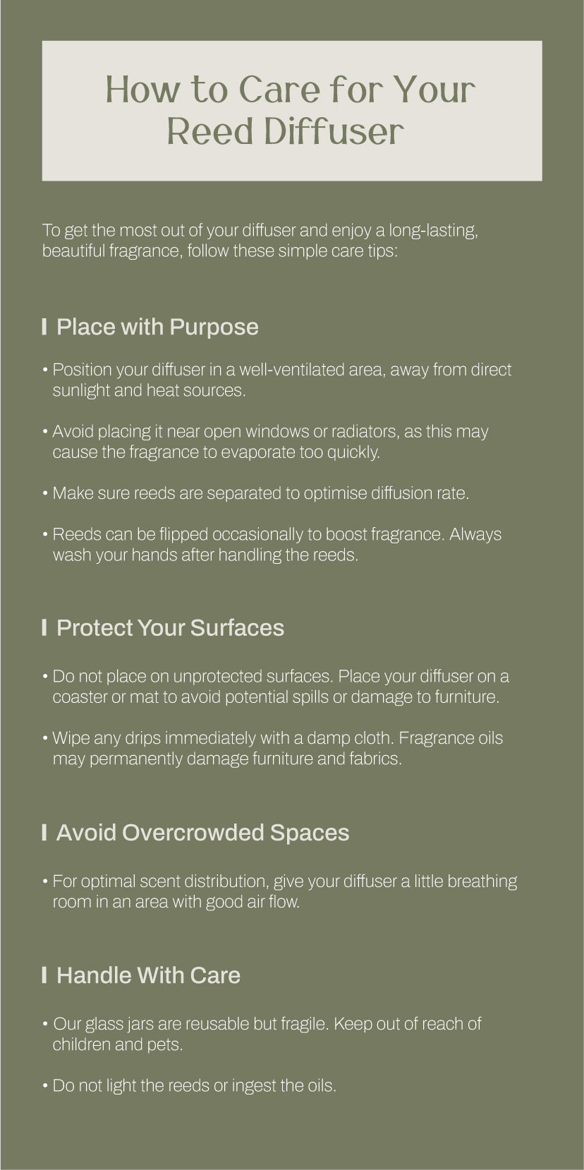 The Cosy Soul instructions on how to care for a reed diffuser