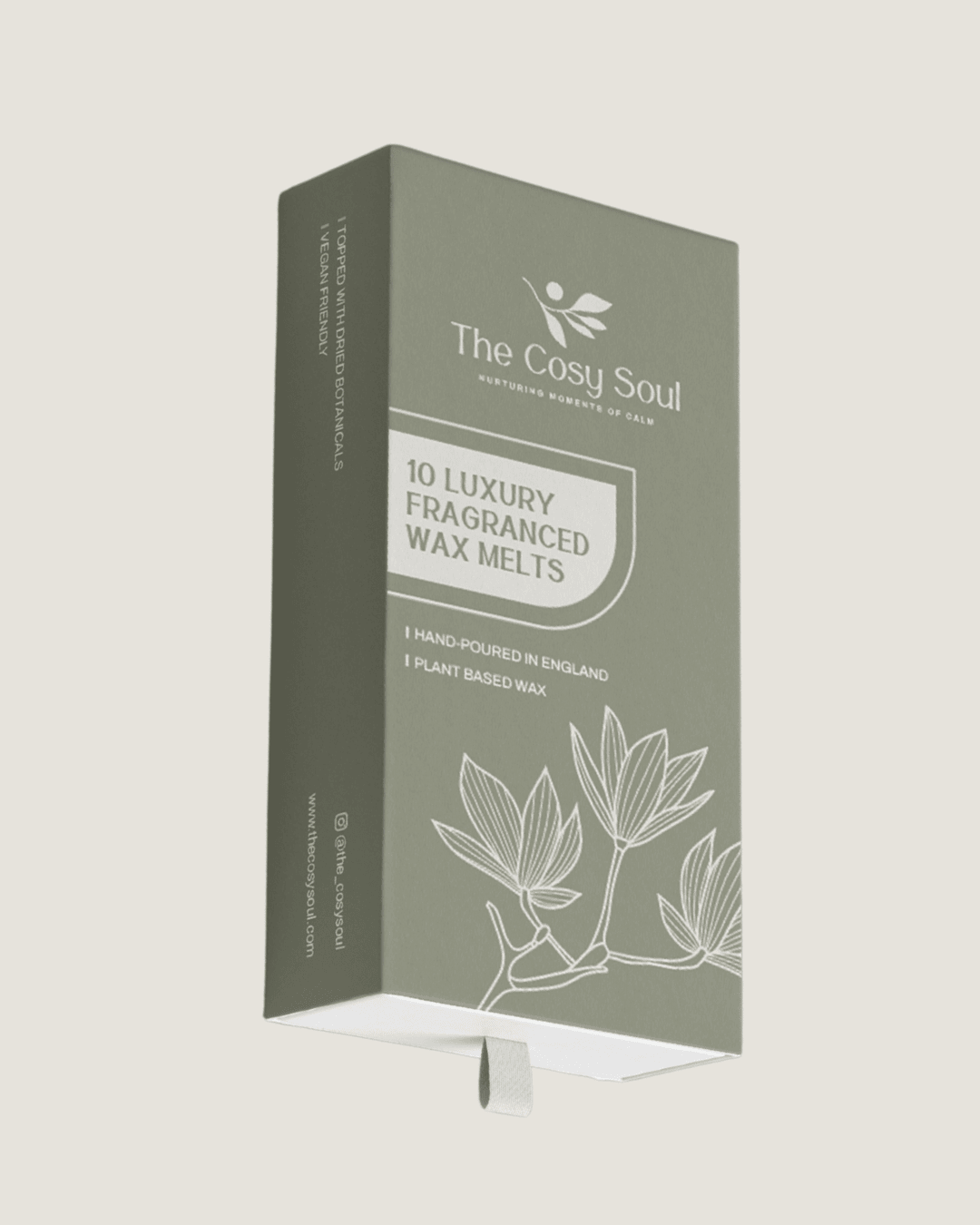 Box of The Cosy Soul luxury fragranced wax melts on a light gray background