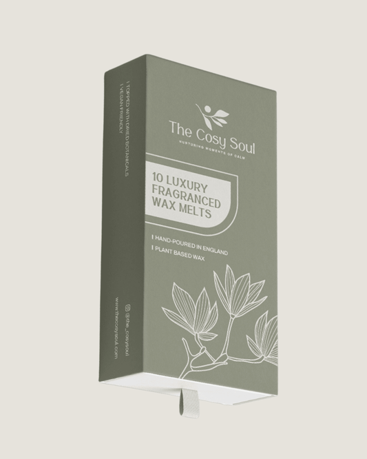 Box of The Cosy Soul luxury fragranced wax melts on a light gray background