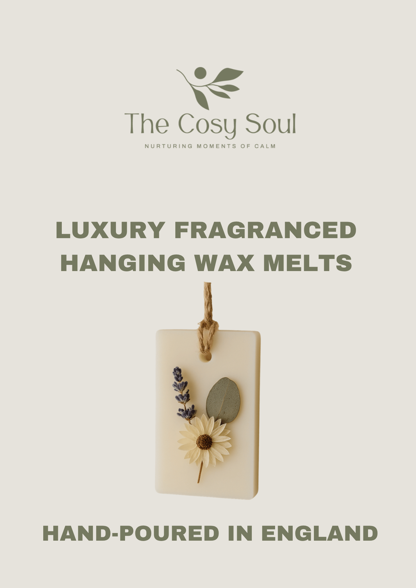 Luxury fragranced hanging wax melt with natural elements on a light background, featuring 'The Cosy Soul' brand.